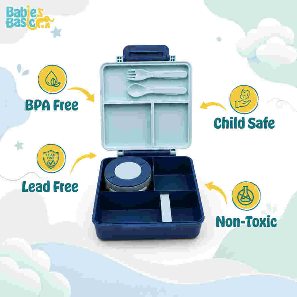 Babies Basic Insulated Bento Lunchbox Built-in Thermos Leakproof Compartments 3+ Years - Blue - Boat 12300-BEN-BLU-BOAT - Image 2
