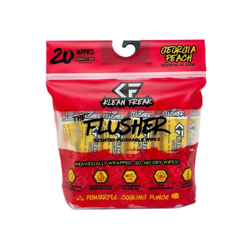 Klean Freak The Flusher Flushable Wipes 20 Pack, Biodegradable Plant Fibre, Alcohol Free, Aloe and Witch Hazel, Georgia Peach - FLGP20