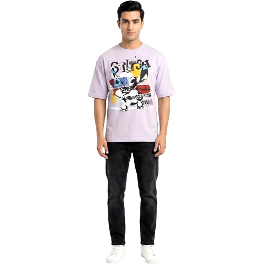 Disney Lilo and Stitch Ukulele Men T-Shirt, 100 Percent Cotton, Crew Neck, Oversized Fit, Casual Wear, Size M, Lilac - TU26191-M - Image 4