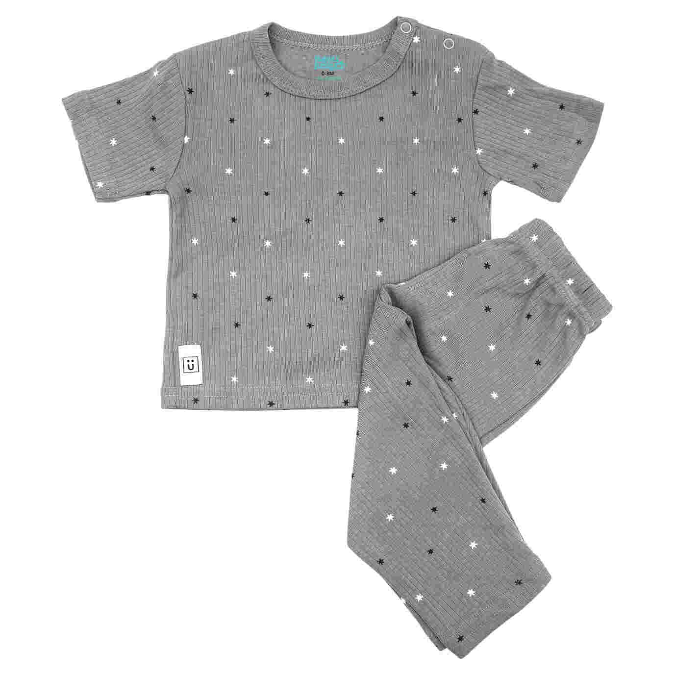 Babies Basic Ribbed Cotton Printed Short Sleeves T-shirt and Printed Pyjama Set 0-3 Months Gray M713-SH-GRA-0-3-2PC