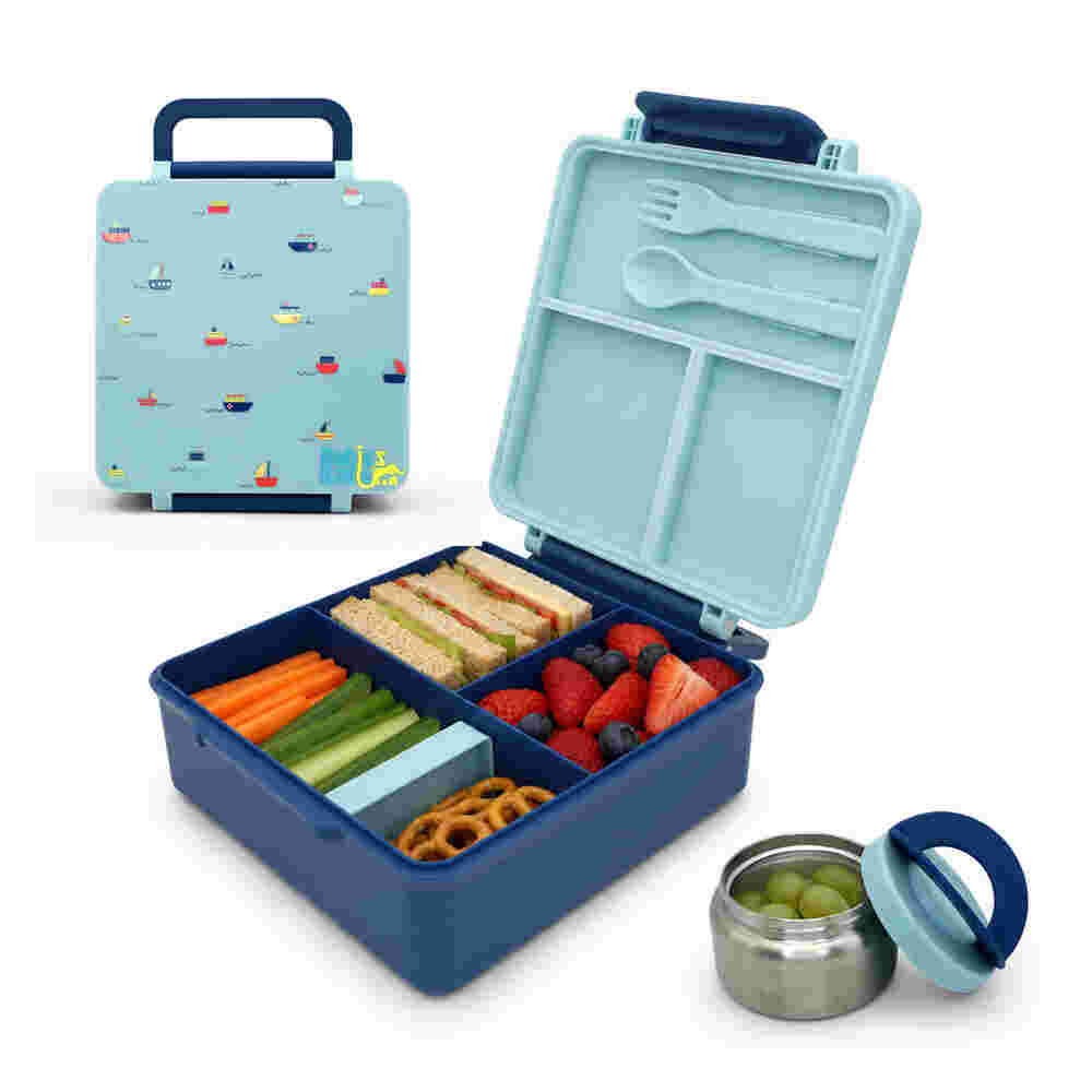 Babies Basic Insulated Bento Lunchbox Built-in Thermos Leakproof Compartments 3+ Years - Blue - Boat 12300-BEN-BLU-BOAT