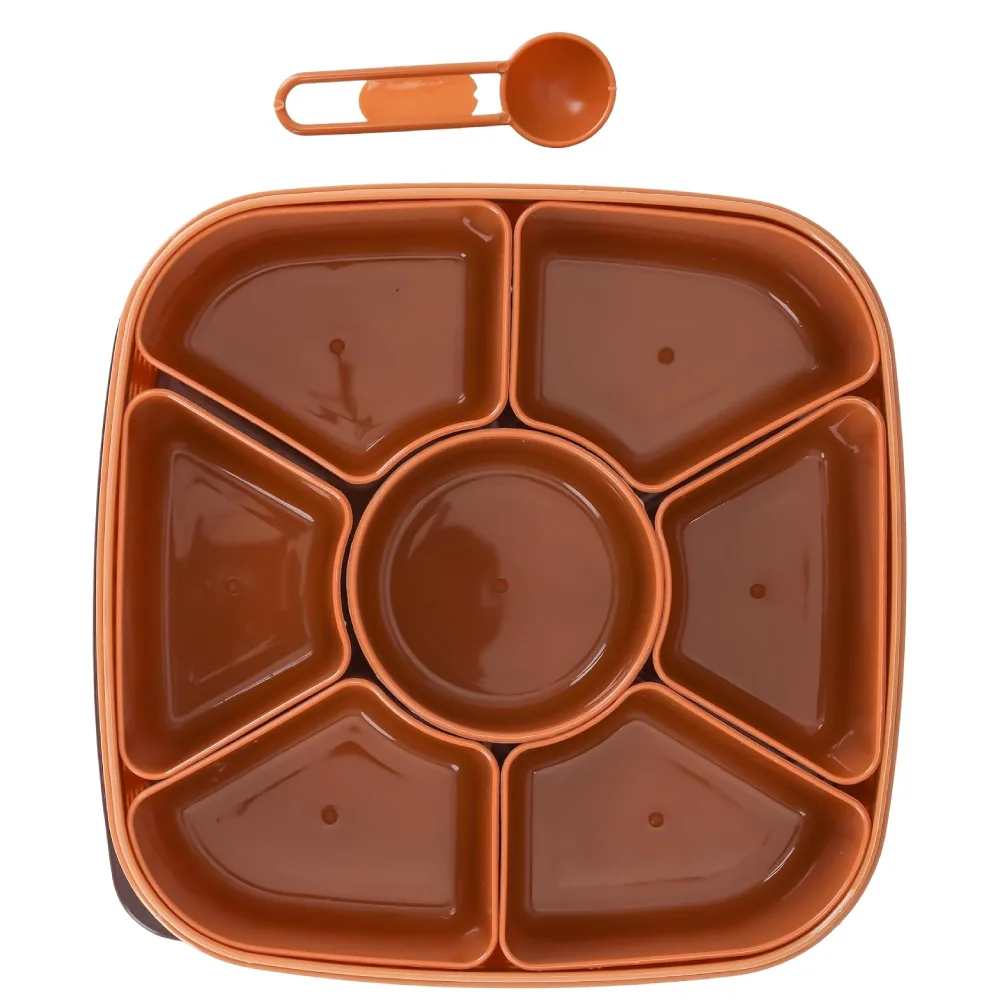 Delcasa DC2887 Airtight Spice Box with 7 Removable Containers & Spoon, 19 x 19 x 6.3 cm, 1L BPA-Free Plastic Storage Organizer, Brown - Image 3