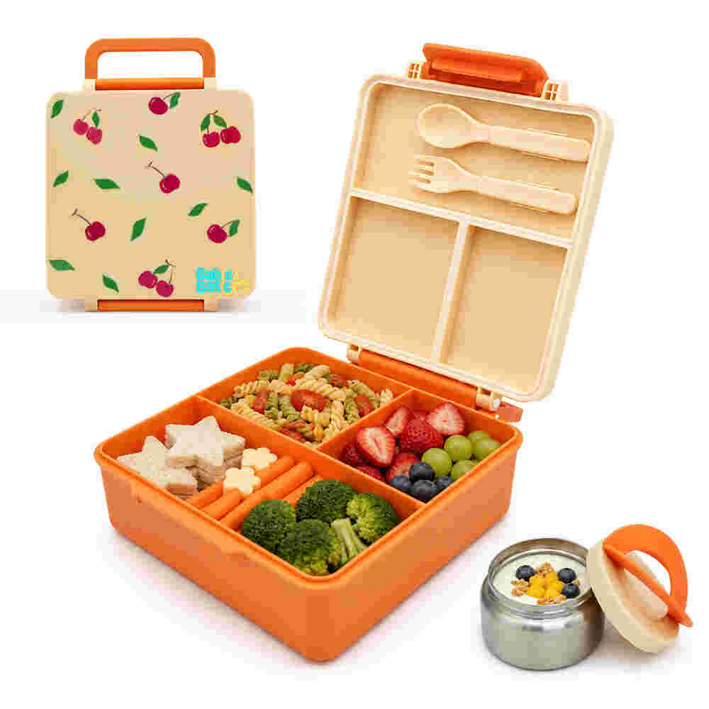 Babies Basic Insulated Bento Lunchbox Built-in Thermos Leakproof Compartments 3+ Years - Beige - Fruit 12300-BEN-BEI-CHER