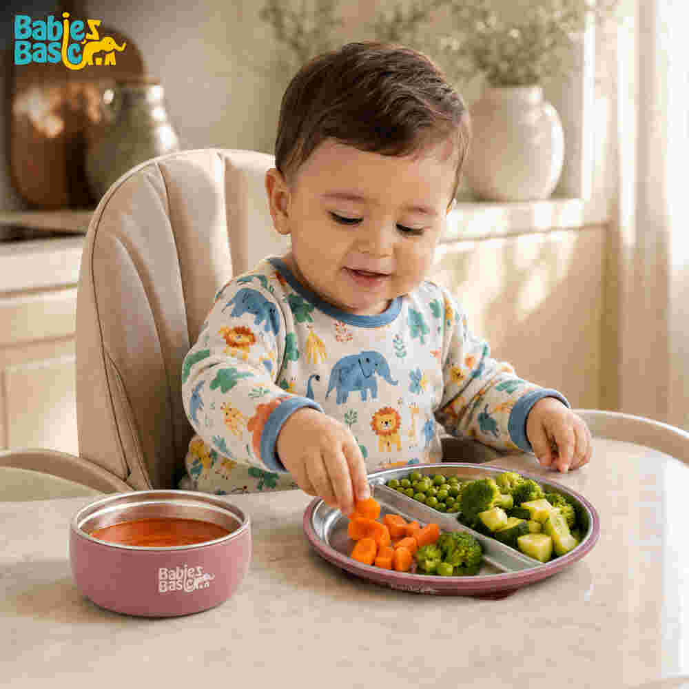 Babies Basic Stainless Steel Plate Bowl and Cup with Silicone Sleeve and Silicone handle Spoon and Fork for Kids Dusty Pink 12276-FEE-DUS-5PC - Image 5