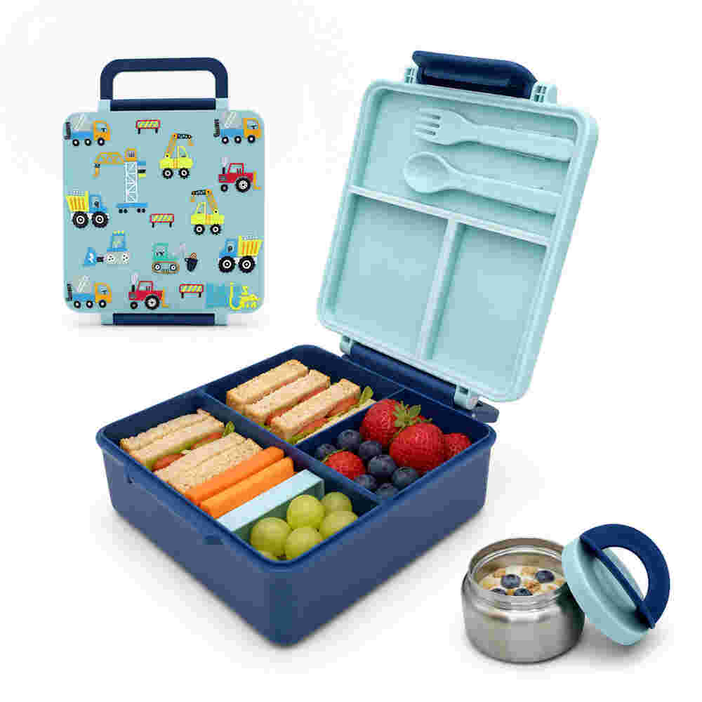 Babies Basic Insulated Bento Lunchbox Built-in Thermos Leakproof Compartments 3+ Years - Blue - Construction 12300-BEN-BLU-CONS