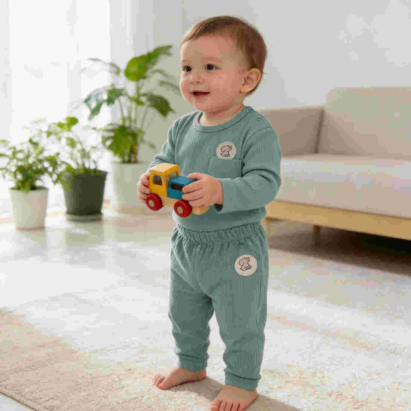 Babies Basic Ribbed Cotton Long Sleeves Top and Bottom 0-3 Months Green M725-LO-GRE-0-3-2PC - Image 6