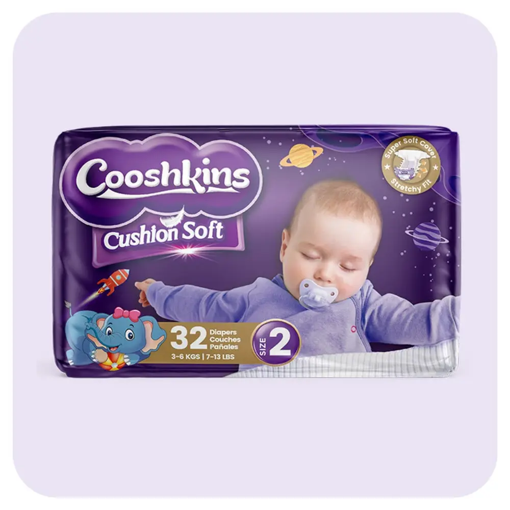 Cooshkins Cushion Soft Baby Diapers Size 2, 32 Count - Super Soft Cover, Stretchy Fit, Leak Guard, Quick Absorb Core, Hypoallergenic, For 3-6 Kg 7-13 Lbs Babies - 31287