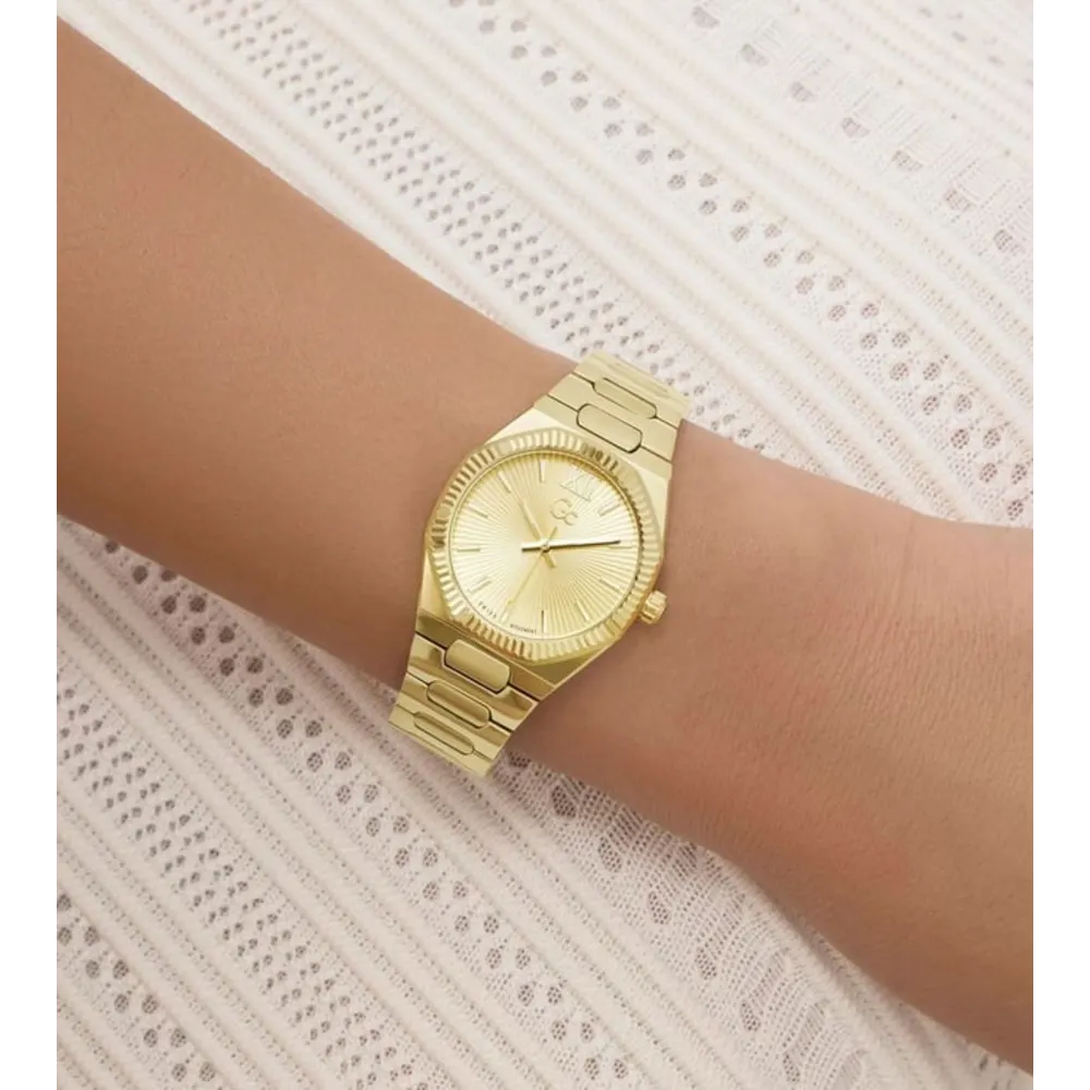 Gc Prodigy Mini Womens Swiss Quartz Watch, 30mm Gold-Tone Brushed & Polished Stainless Steel Round Case, Champagne Textured Sunray Dial, Tone-on-Tone Indices, Sapphire Crystal, Integrated Gold-Tone Bracelet - Z70002L6 - Image 4