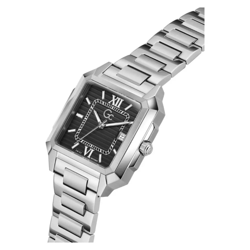 Gc SquareCut Mens Swiss Quartz Analog Watch, 41mm Silver-Tone Brushed & Polished Stainless Steel Square Case, Black Striped-Texture Dial, Sapphire Crystal, H-Link Bracelet, Date Window, 5 ATM Water Resistance - Z74001G4 - Image 2