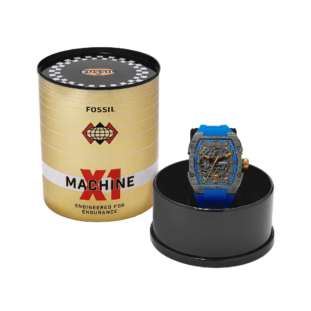 Fossil Men’s Machine X1 42mm Automatic Watch, Blue Dial, Stainless Steel Case, Blue Silicone Strap, Sapphire Crystal, 5 ATM Water Resistance - ME3285 - Image 6