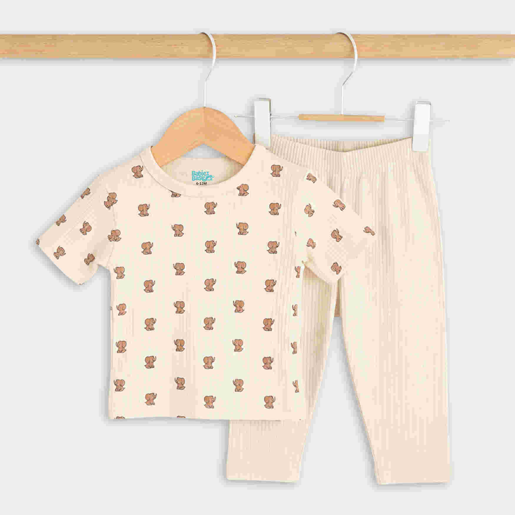 Babies Basic Ribbed Cotton Printed Short Sleeves T-shirt and Pyjama Set 0-3 Months Cream M726-TO-CRE-0-3-2PC - Image 5