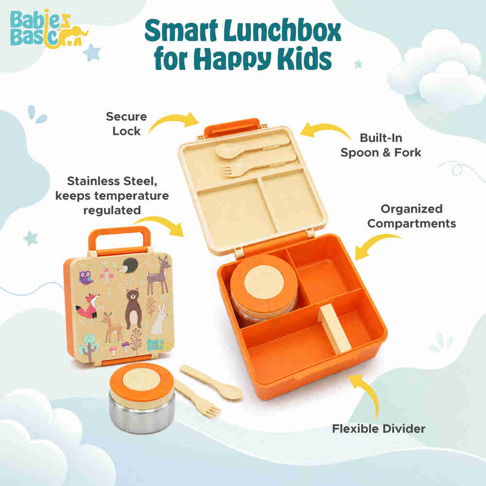 Babies Basic Insulated Bento Lunchbox Built-in Thermos Leakproof Compartments 3+ Years - Beige - Zoo 12300-BEN-BEI-ZOO - Image 3