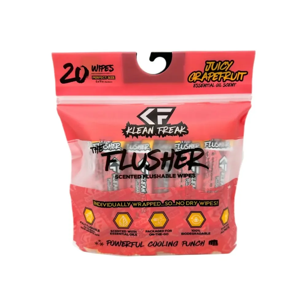 Klean Freak The Flusher Flushable Wipes 20 Pack, Biodegradable Plant Fibre, Alcohol Free, Aloe and Witch Hazel, Juicy Grapefruit - FLJG20
