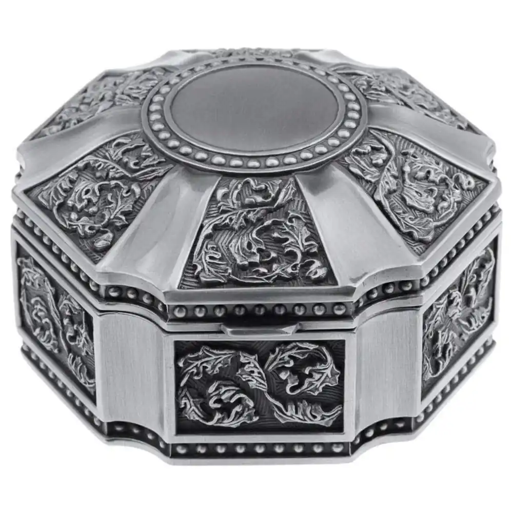 Classic Retro Vintage Silver Jewellery Box, Octagonal Embossed Floral Metal Trinket Case with Hinged Domed Lid and Lined Interior - Image 2