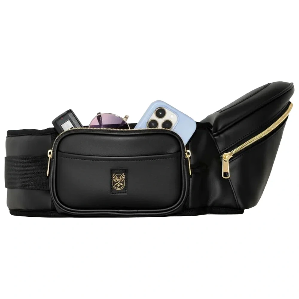 Hackerlily Ergonomic Hip Seat Baby Carrier, Strap-Free Hipseat with Storage and Bottle Holder, Non-Slip Seat, Vegan Leather, Black and Gold - HS-BLK-LTH24