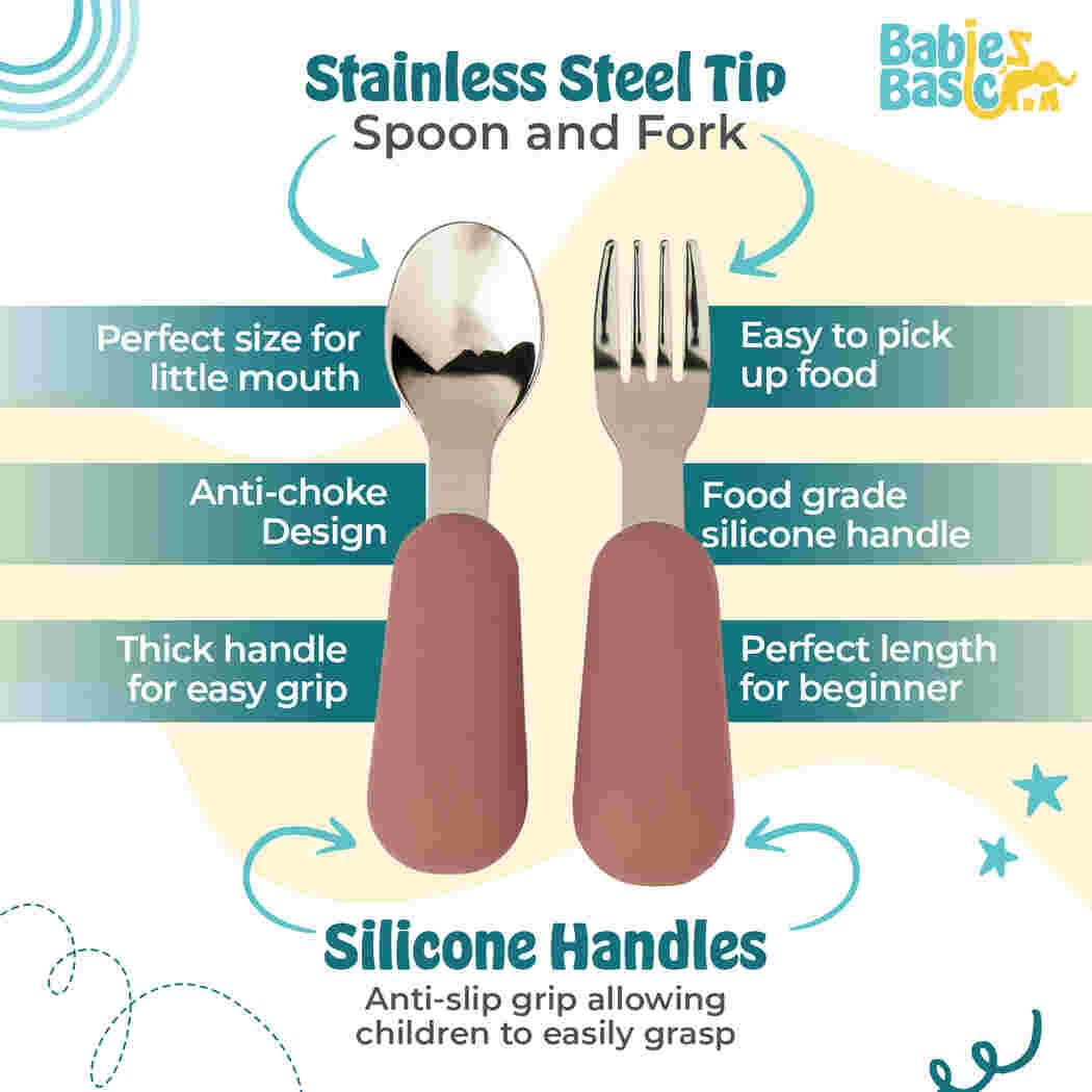 Babies Basic Stainless Steel Plate Bowl and Cup with Silicone Sleeve and Silicone handle Spoon and Fork for Kids Dusty Pink 12276-FEE-DUS-5PC - Image 3