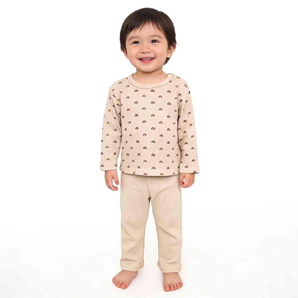 Babies Basic Ribbed Cotton Printed Short Sleeves T-shirt and Pyjama Set 12-18 Months Beige M745-TO-BEI-12-18-2PC