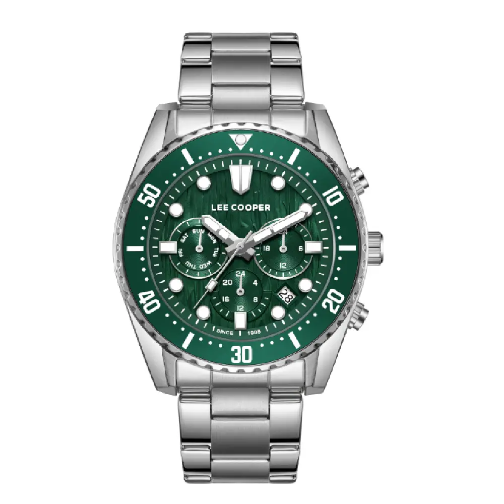 Lee Cooper Orologio Uomo Analogico: Quadrante Verde, Multifunzione, Modello LC08045.370 Con Cinturino In Pelle Verde