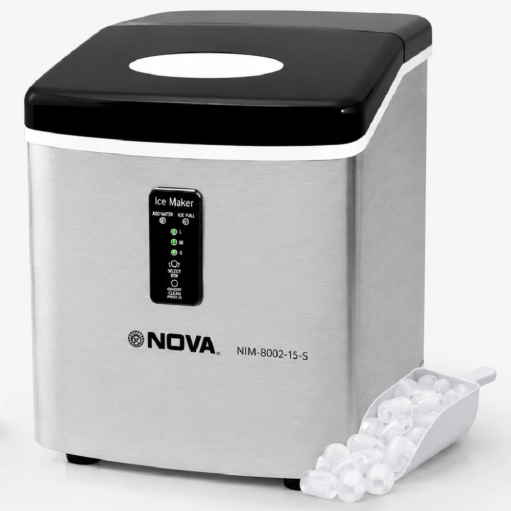 Nova Ice Maker NIM-8002-15-S, 15L, 130W, Heavy Duty Stainless Steel Body, LED Display, 3 Ice Sizes, Fast Cooling, Removable Ice Basket