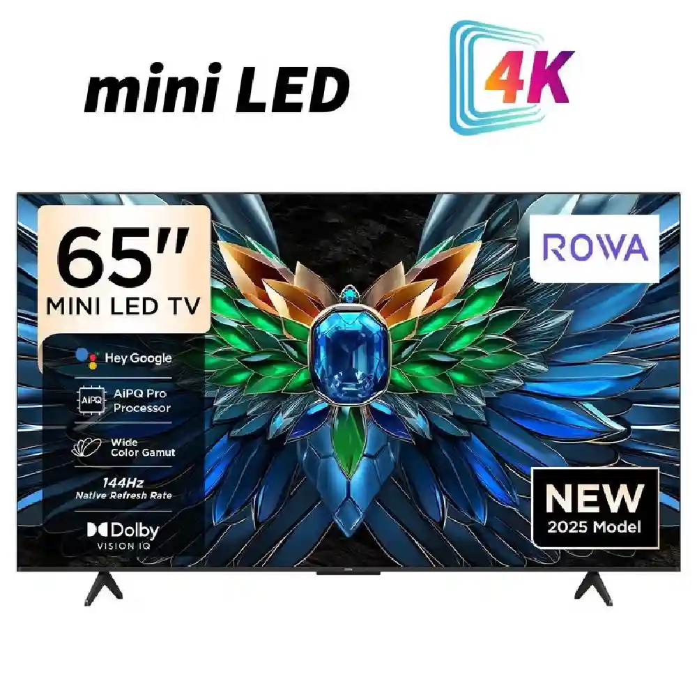 ROWA 65 Inch 4K Mini LED Smart Google TV, 144Hz Native Refresh Rate, HDR10+, Dolby Vision IQ & Atmos, AiPQ Pro Processor, (2025) Black - 65R85