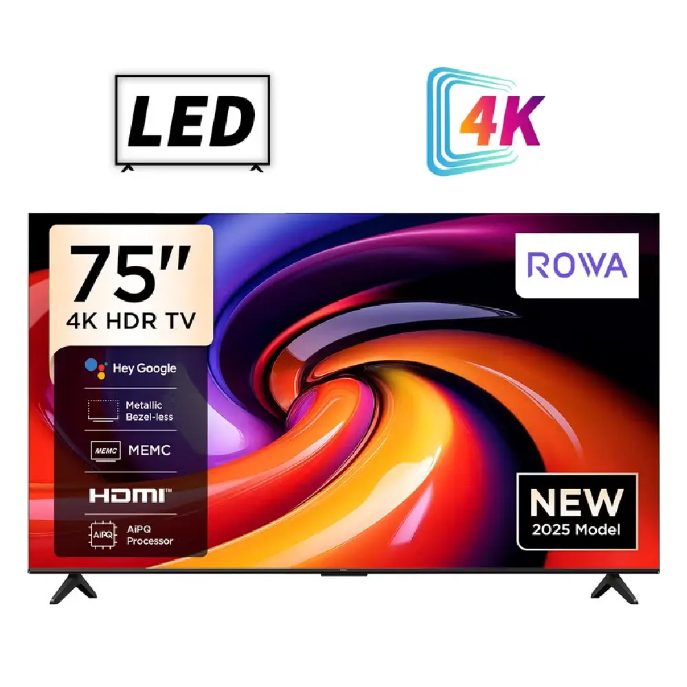 ROWA 75 Inch 4K UHD Smart Google TV, HDR10+, Dolby Vision Atmos, Game Master, Voice Control, (2025) Black -75R55