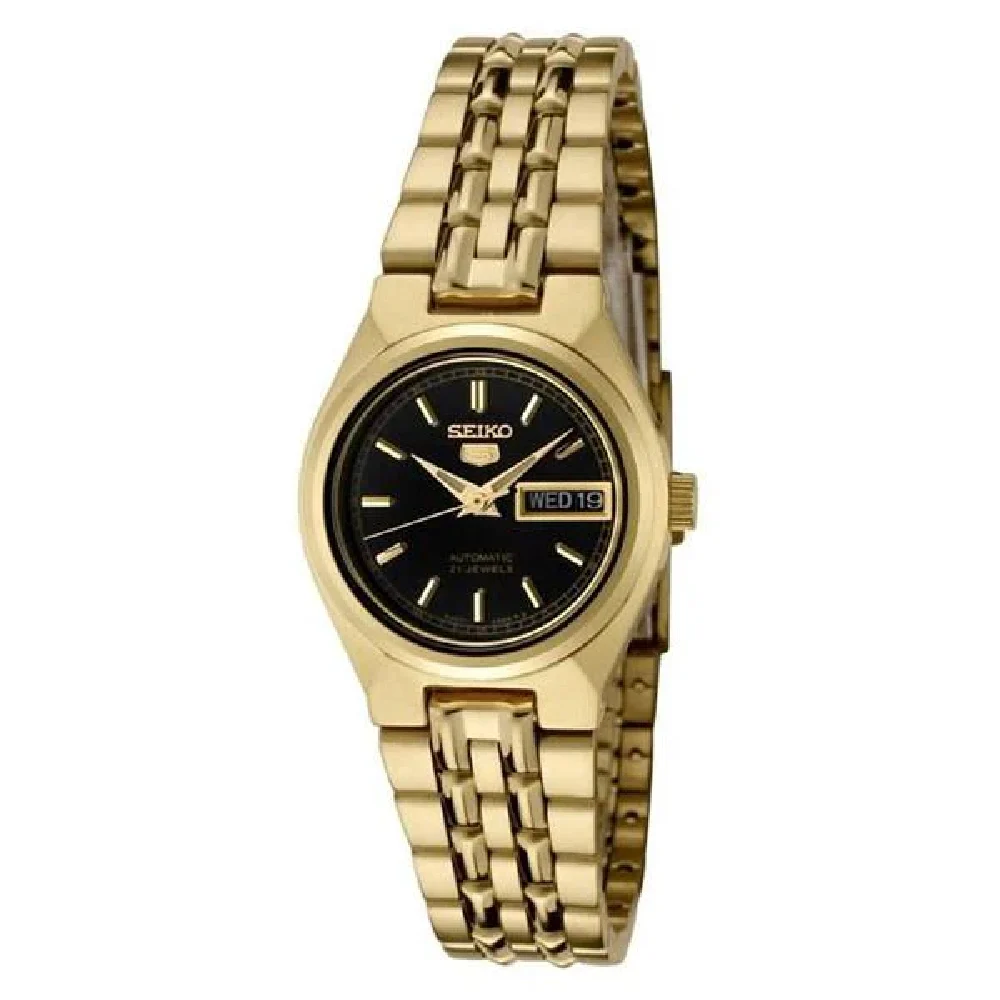 Seiko 5 Automatic Womens Watch, Black Dial, Gold-Plated Stainless Steel Bracelet, 30M Water Resistance, 24mm - SYMA06K1