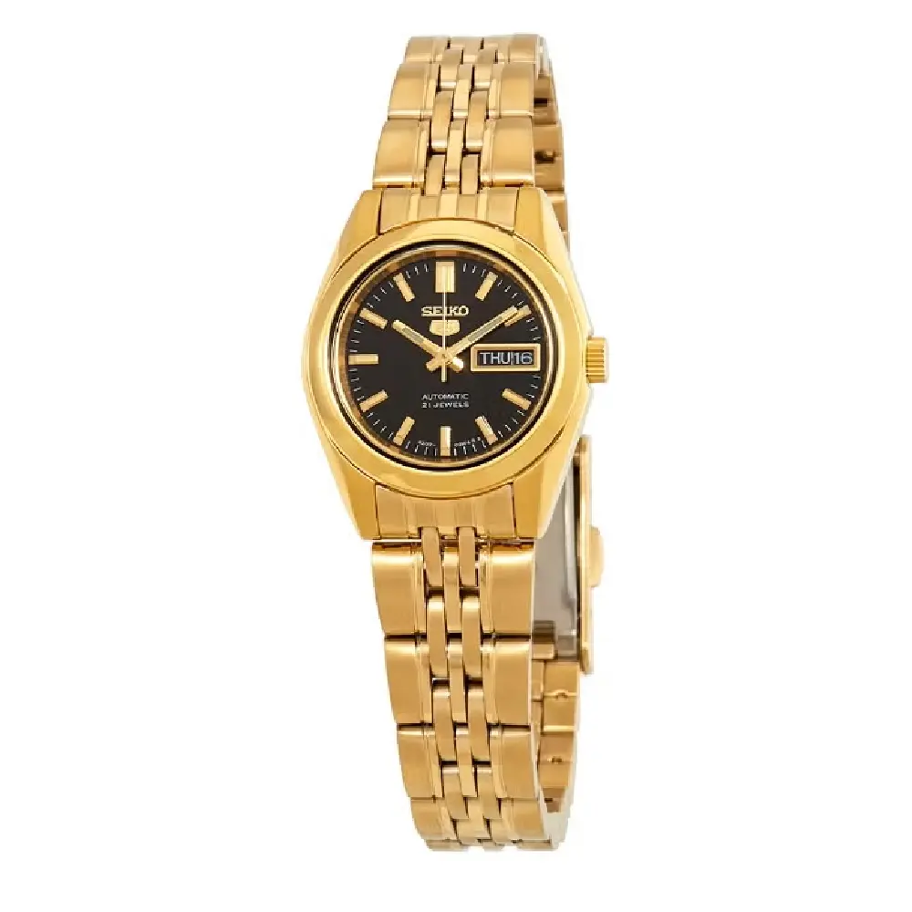 Seiko 5 Automatic Womens Watch, Black Dial, Gold-Tone Stainless Steel Bracelet, Day & Date Display, 30M Water Resistance, 24mm - SYMA40K1