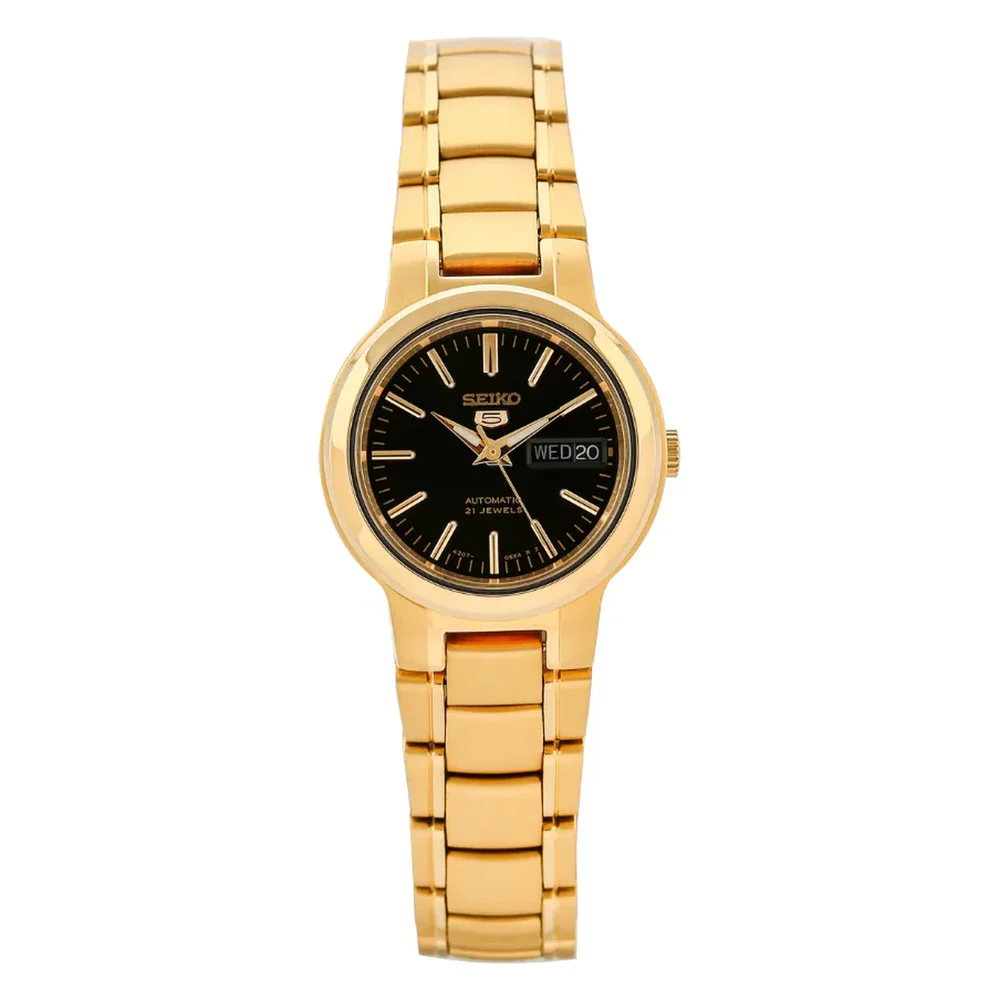 Seiko 5 Automatic Womens Watch, Black Dial, Gold-Tone Stainless Steel Bracelet, Day & Date Display, 30M Water Resistance, 24mm - SYME48K1