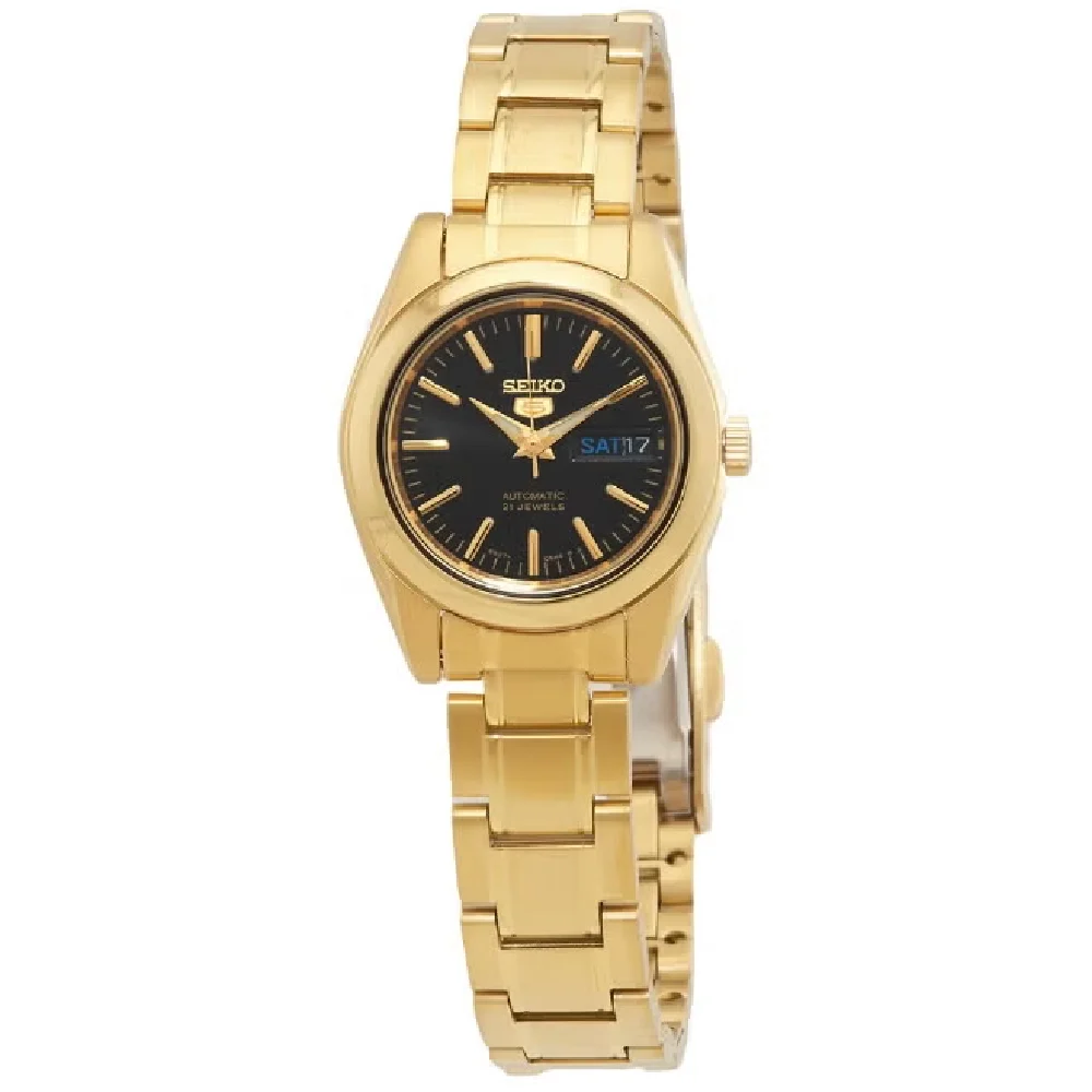 Seiko 5 Automatic Womens Watch, Black Dial, Gold-Tone Stainless Steel Bracelet, Day & Date Display, 30M Water Resistance, 25mm - SYMK22K1