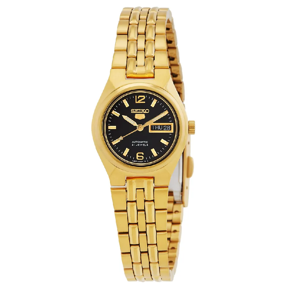 Seiko 5 Automatic Womens Watch, Black Dial, Gold-Tone Stainless Steel Bracelet, Day & Date Display, 50M Water Resistance, 26mm - SYMK38K1