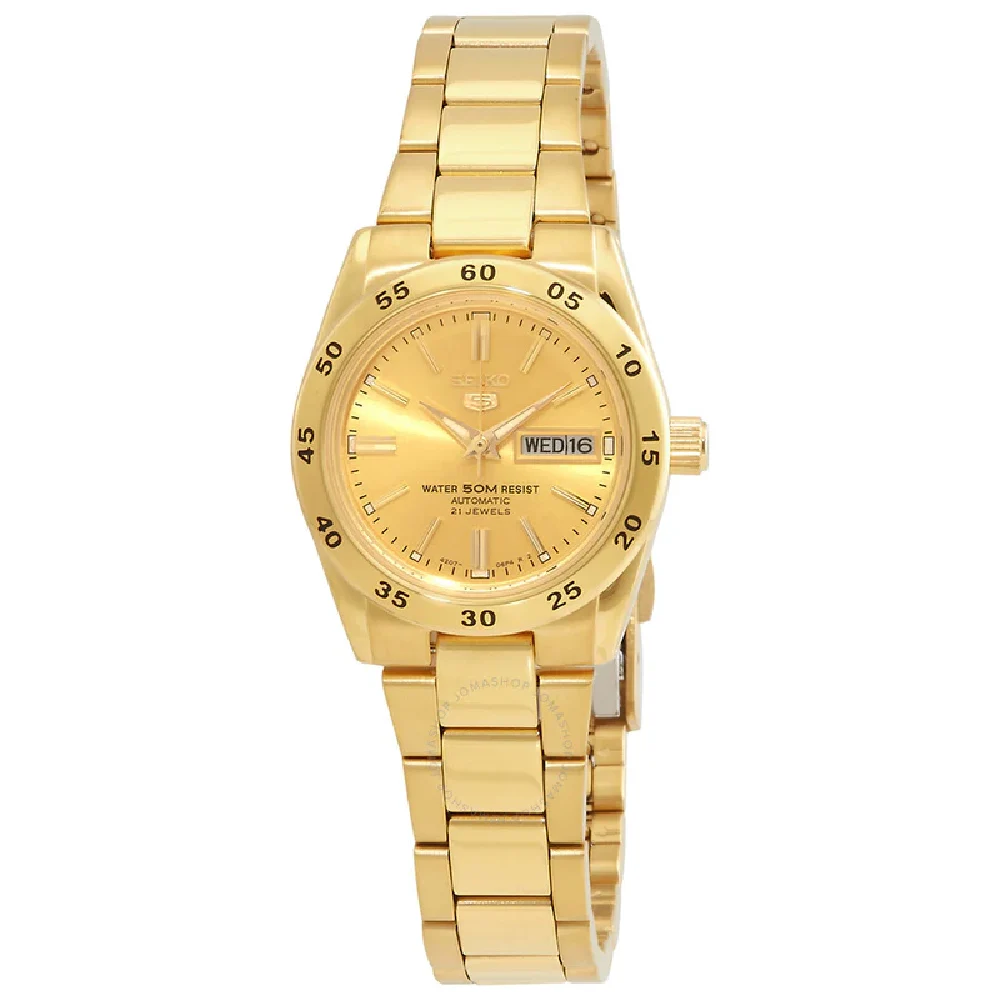 Seiko 5 Automatic Womens Watch, Gold Dial, Gold-Tone Stainless Steel Bracelet, 50M Water Resistance, 30.2mm - SYMG44K1