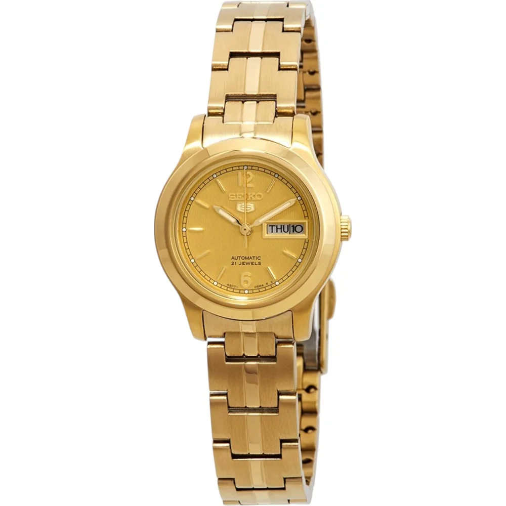 Seiko 5 Automatic Womens Watch, Gold Dial, Gold-Tone Stainless Steel Bracelet, Day & Date Display, 30M Water Resistance, 25mm - SYME02K1