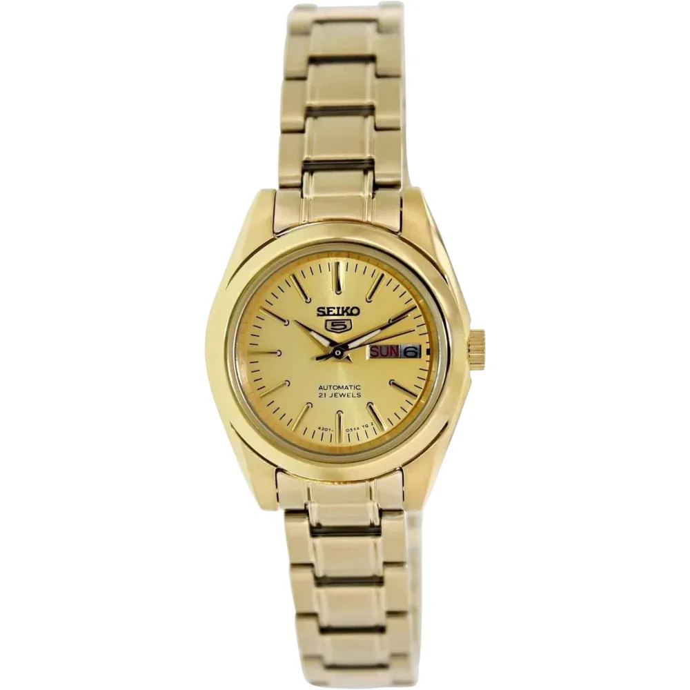 Seiko 5 Automatic Womens Watch, Gold Dial, Gold-Tone Stainless Steel Bracelet, Day & Date Display, 30M Water Resistance, 25mm - SYMK20K1