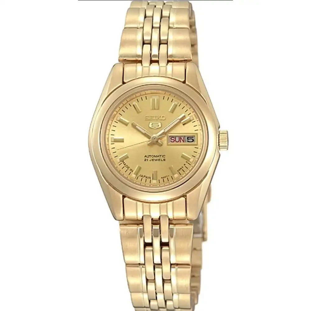 Seiko 5 Automatic Womens Watch, Gold-Tone Stainless Steel Bracelet, Day & Date Display, 30M Water Resistance, 24mm - SYMA38K1