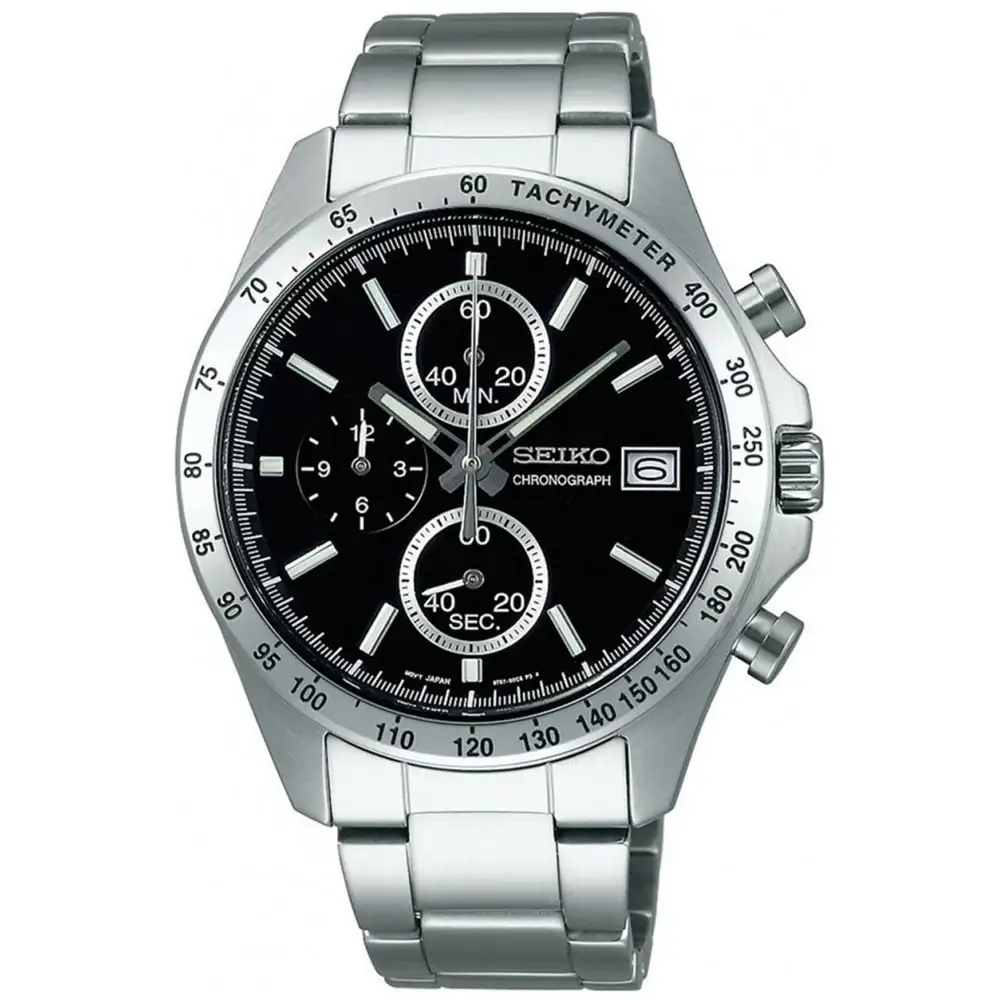 Seiko Spirit Chronograph Mens Quartz Watch, Black Dial, Stainless Steel Strap, 100M Water Resistance, 42.2mm - SBTR005