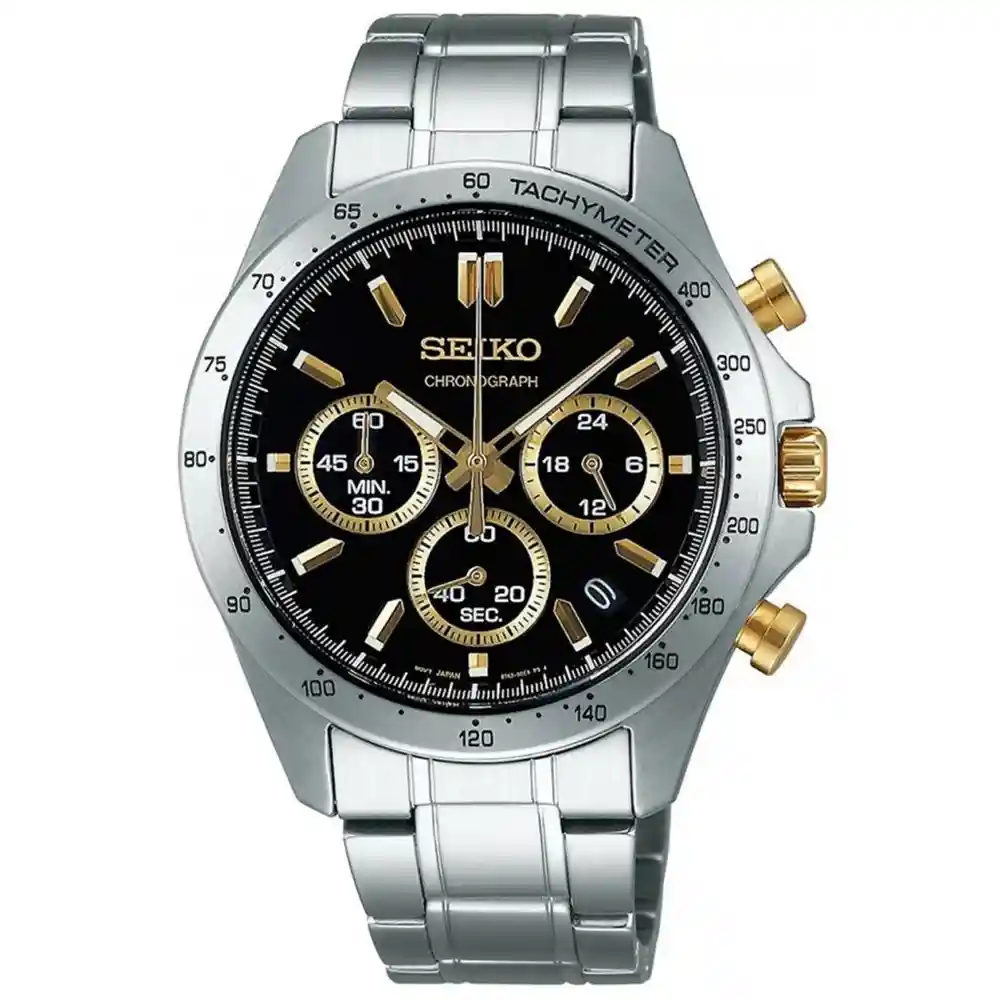 Seiko Spirit Chronograph Mens Quartz Watch, Black Gold Dial, Stainless Steel Strap, 100M Water Resistance, 42.2mm - SBTR015