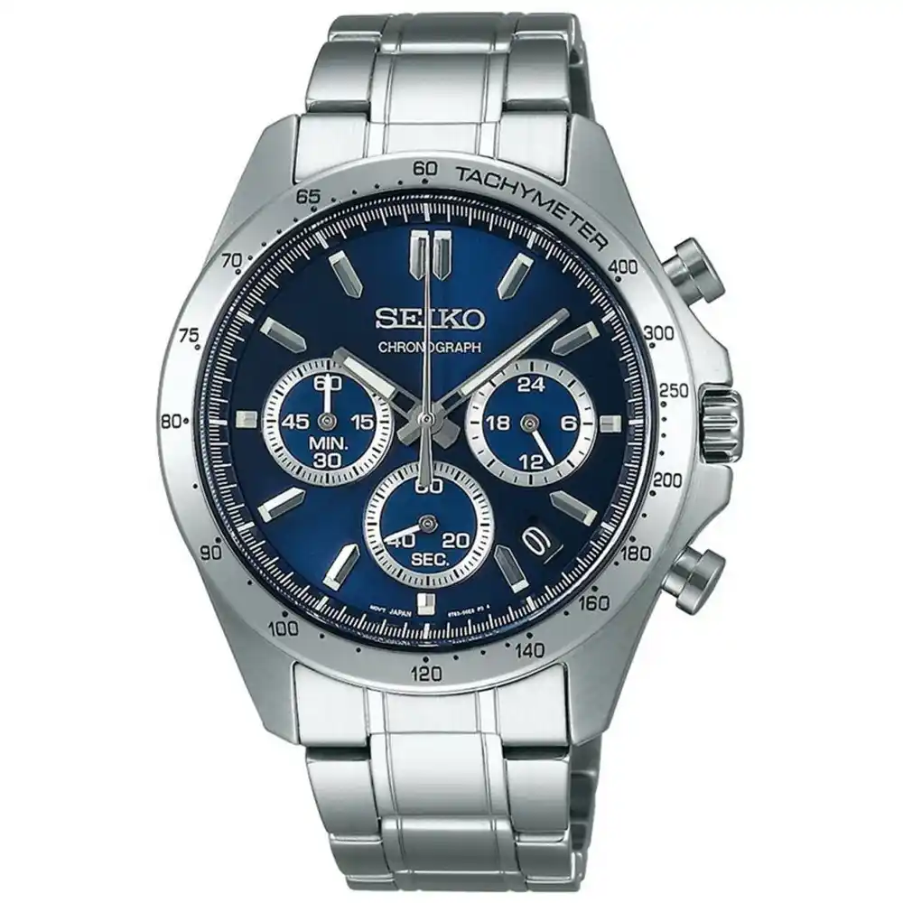 Seiko Spirit Chronograph Mens Quartz Watch, Blue Dial, Stainless Steel Strap, 100M Water Resistance, 42.2mm - SBTR011
