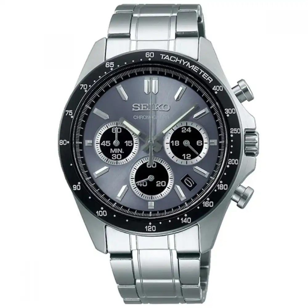 Seiko Spirit Chronograph Mens Quartz Watch, Grey Dial, Stainless Steel Strap, Black Bezel, 100M Water Resistance, 39.8mm - SBTR027