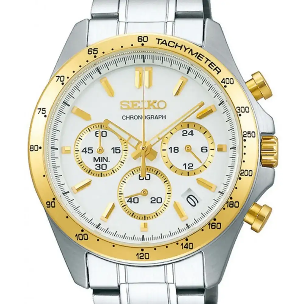 Seiko Spirit Chronograph Mens Quartz Watch, White Dial, Stainless Steel Strap, Gold Tone Bezel, 100M Water Resistance, 39.8mm - SBTR024