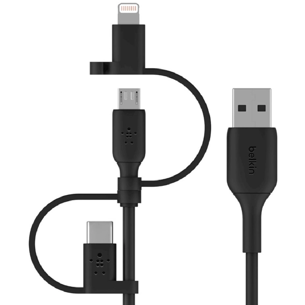Belkin 3-in-1 Universal Charging Cable - USB to Lightning, USB-C & MicroUSB, 1 Meter, MFI Certified, Black - CAC001BT1MBK