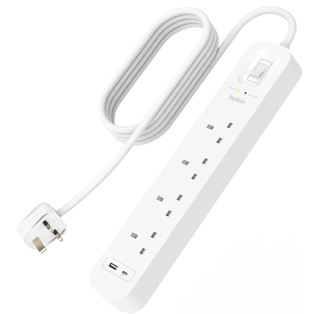 Belkin 4-Outlet Surge Protector, 18W USB-C PD & USB-A Charging, 525 Joules Surge Protection, 2M Power Cord, Wall-Mountable Design, White - SRB001ar2M