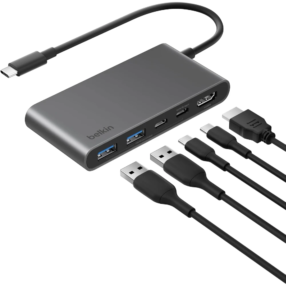 Belkin 5-Port USB-C Hub with Dual USB-C, USB-A & 4K 60Hz HDMI, 100W Power Delivery, Grey - AVC022hqSGY