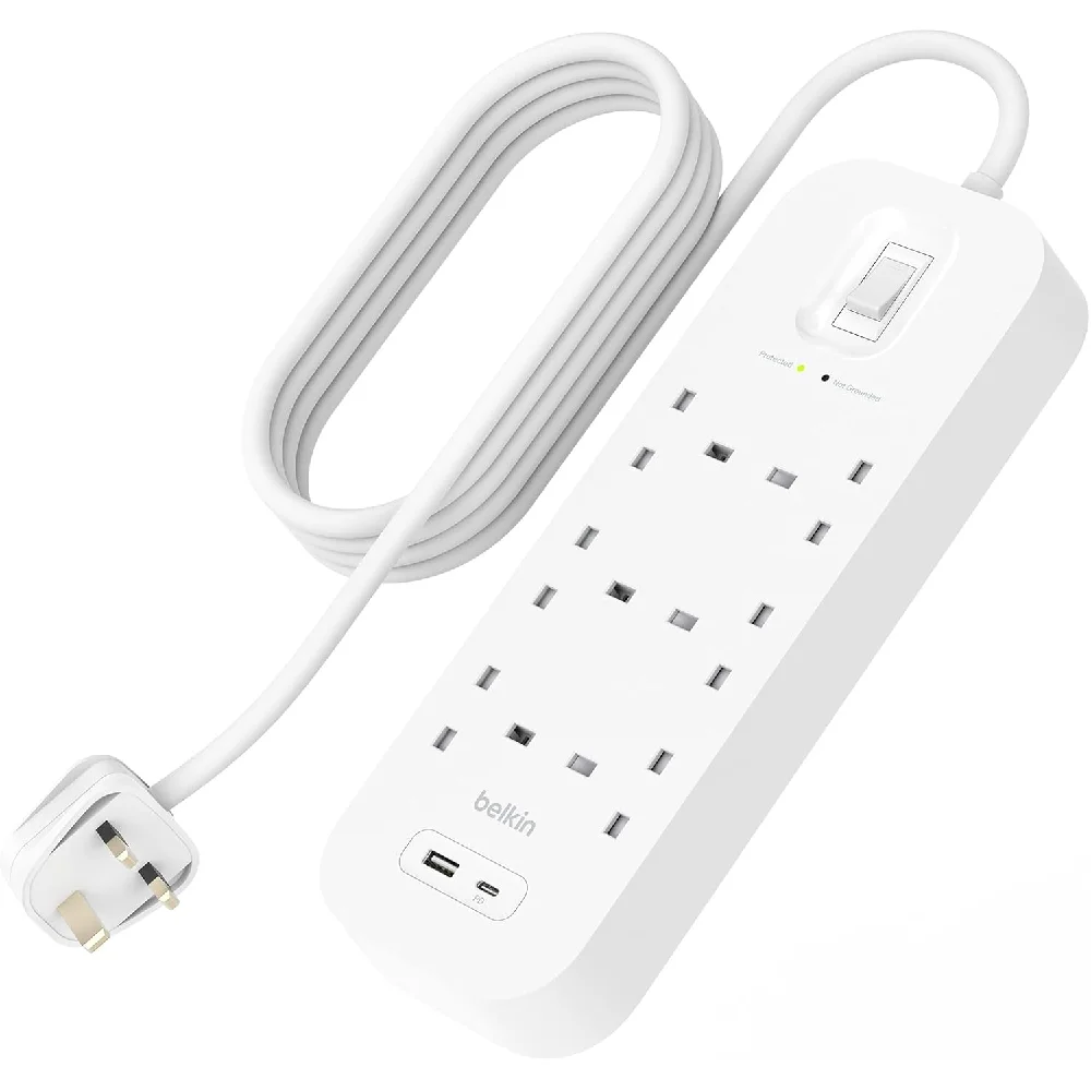 Belkin 6-Outlet Surge Protector, 18W USB-C PD & USB-A Charging, 650 Joules Surge Protection, 2M Power Cord, Wall-Mountable Design, White - SRB002ar2M