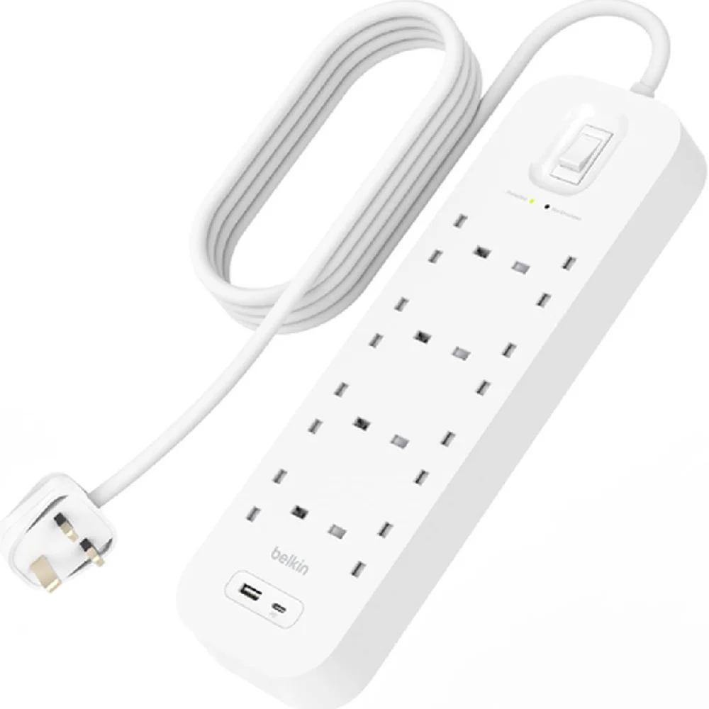 Belkin 8-Outlet Surge Protector, 18W USB-C PD & USB-A Charging, 900 Joules Surge Protection, 2M Power Cord, Wall-Mountable Design, White - SRB003ar2M