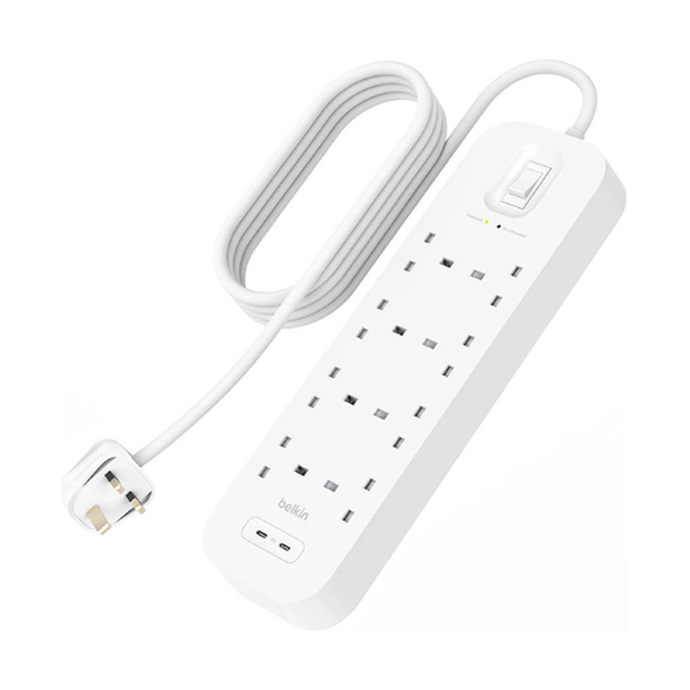 Belkin 8-Outlet Surge Protector, 30W Dual USB-C PD Charging, 900 Joules Surge Protection, Dynamic PPS Technology, 2M Power Cord, Wall-Mountable Design, White - SRB004ar2M