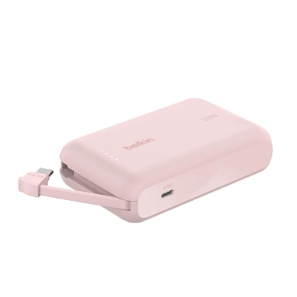 Belkin BoostCharge Power Bank, 10000mAh Capacity, 20W USB-C PD Fast Charging, Integrated USB-C Cable, Dual Device Charging, LED Indicator, Pink - BPB021hqPK