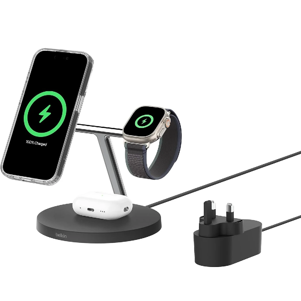 Belkin BoostCharge Pro 3-in-1 Wireless Charging Stand, Qi2 15W Fast Charging, MagSafe Compatible, Apple Watch & AirPods Charging, Black - WIZ032myBK