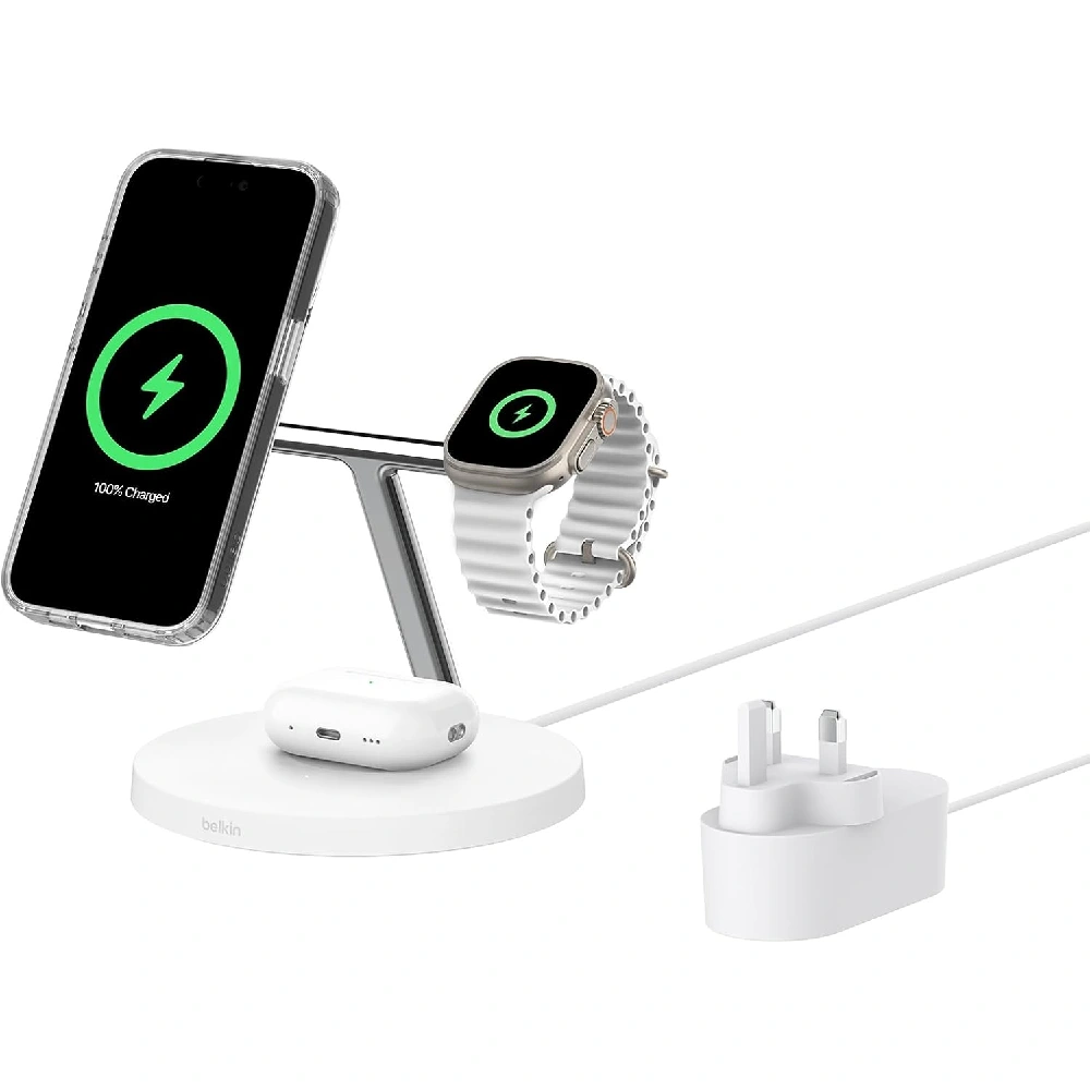 Belkin BoostCharge Pro 3-in-1 Wireless Charging Stand, Qi2 15W Fast Charging, MagSafe Compatible, Apple Watch & AirPods Charging, White - WIZ032myWH