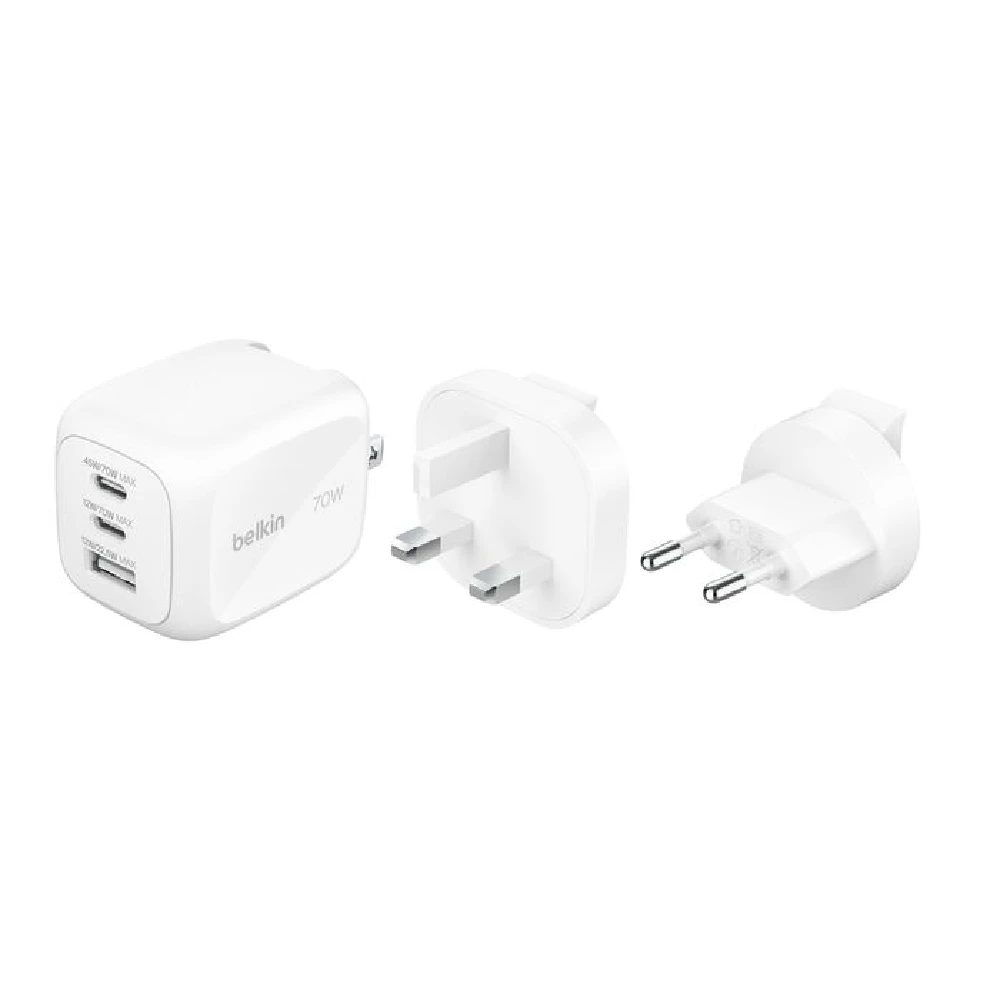 Belkin BOOSTCHARGE Pro 3-Port GaN Wall Charger 70W, 2 USB-C, 1 USB-A, Travel Adapter Kit, White - WCH018hqWH