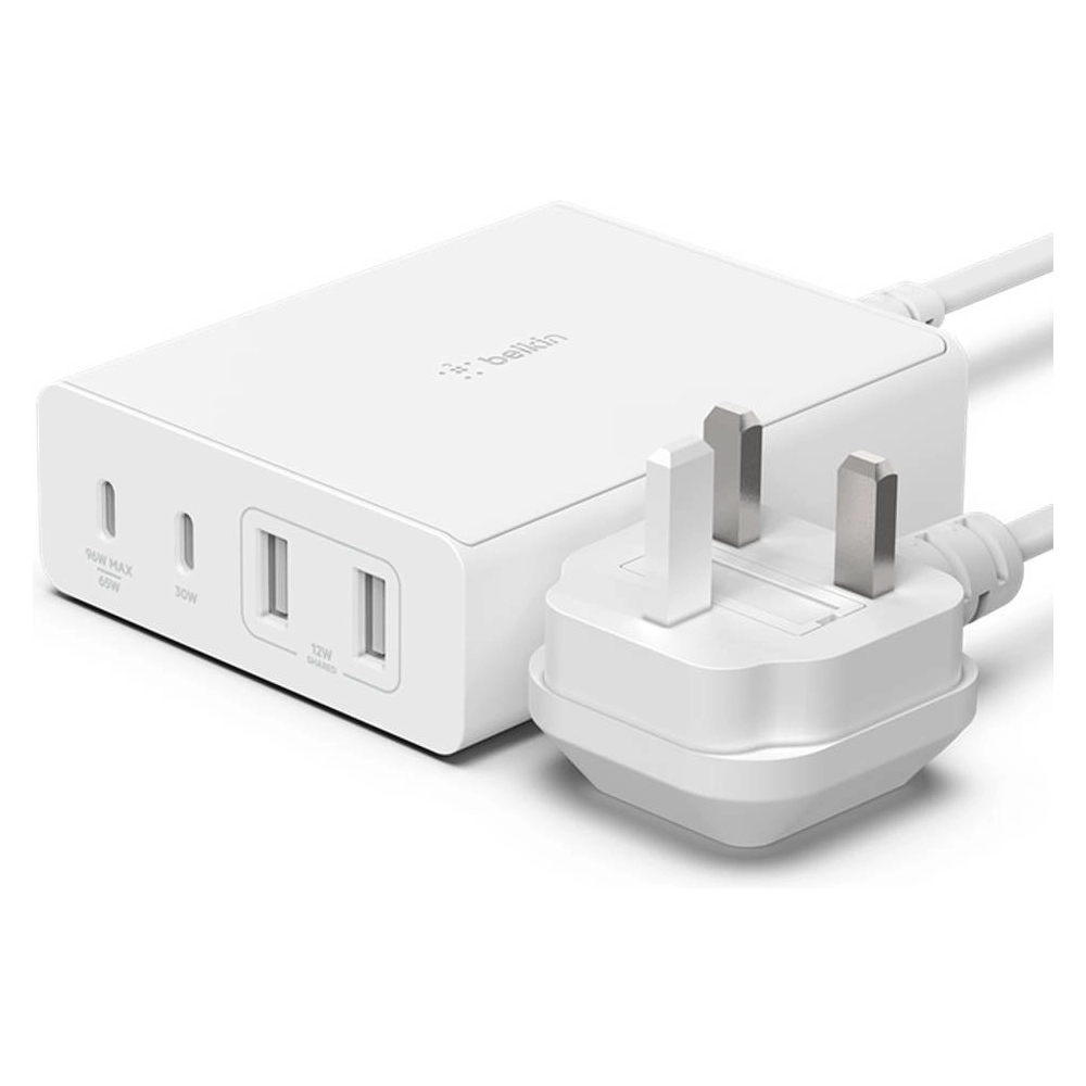 Belkin BoostCharge Pro 4-Port GaN Charger, 108W Total Output, 2 USB-C & 2 USB-A Ports, USB-C PD 3.0, Intelligent Power Sharing, 2m Power Cable - White - WCH010myWH
